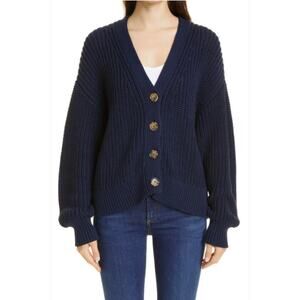La Ligne Chunky Cotton Cardigan Sweater In Navy size M medium